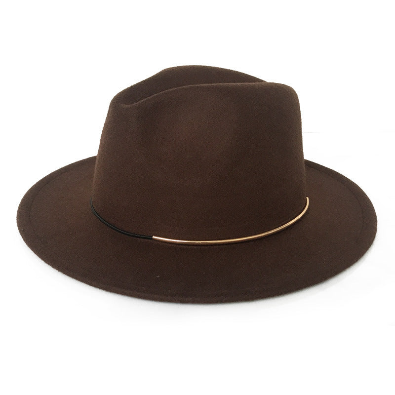 Women’s Wool Felt Jazz Hat Wide Brim Gold Buckle Design Autumn Winter Fashion Top Hat