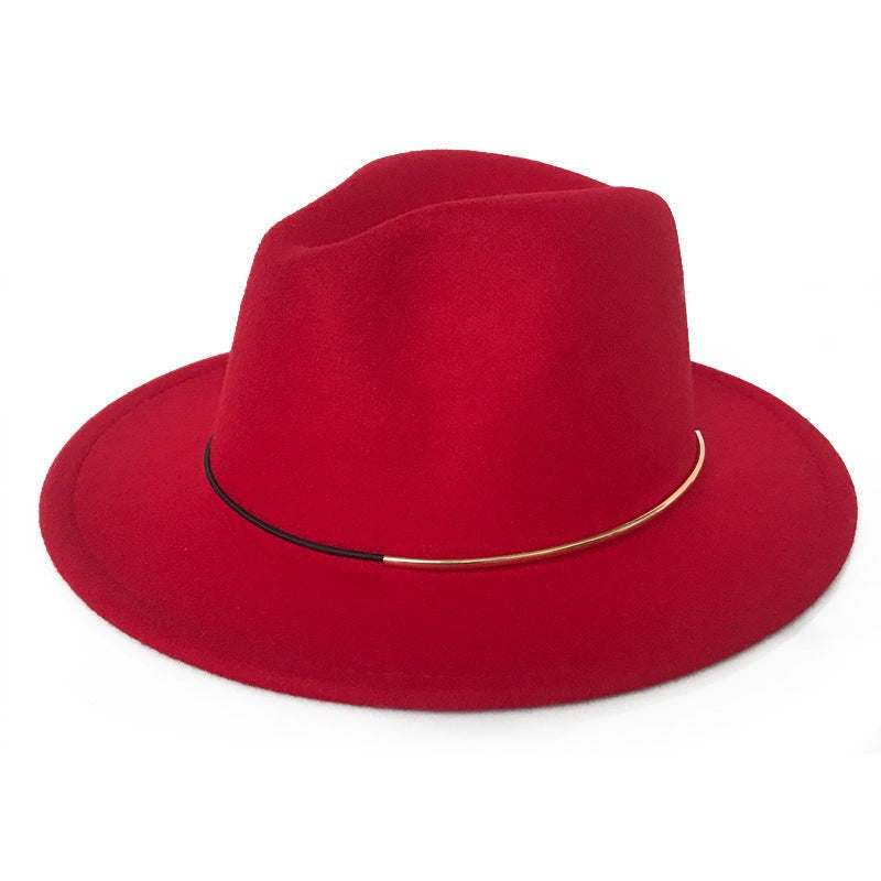 Women’s Wool Felt Jazz Hat Wide Brim Gold Buckle Design Autumn Winter Fashion Top Hat