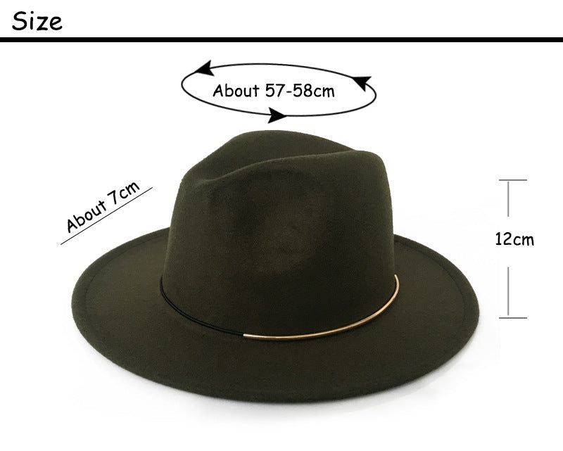 Women’s Wool Felt Jazz Hat Wide Brim Gold Buckle Design Autumn Winter Fashion Top Hat