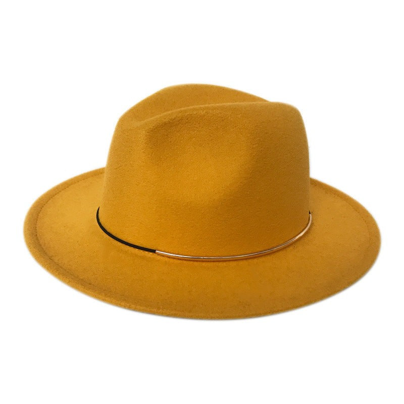Women’s Wool Felt Jazz Hat Wide Brim Gold Buckle Design Autumn Winter Fashion Top Hat