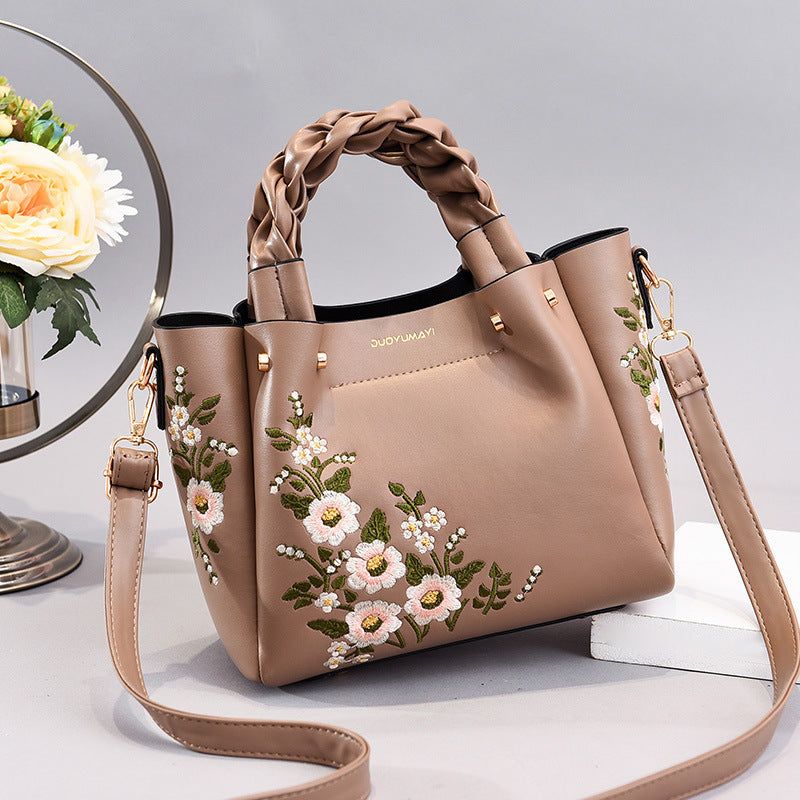 Women’s Medium PU Leather Handbag with Drawstring Closure, Color Stitch Detail, Crossbody Strap