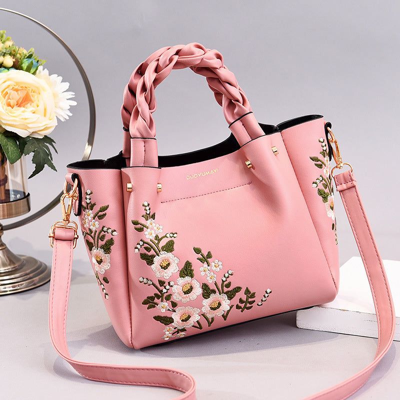 Women’s Medium PU Leather Handbag with Drawstring Closure, Color Stitch Detail, Crossbody Strap
