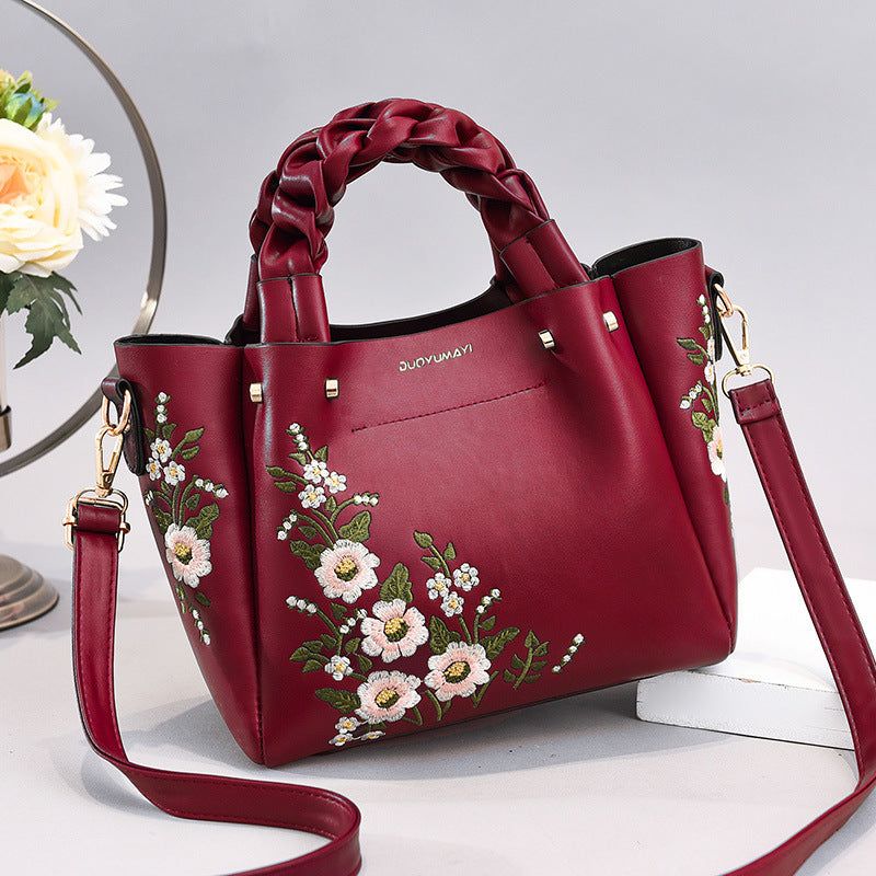 Women’s Medium PU Leather Handbag with Drawstring Closure, Color Stitch Detail, Crossbody Strap