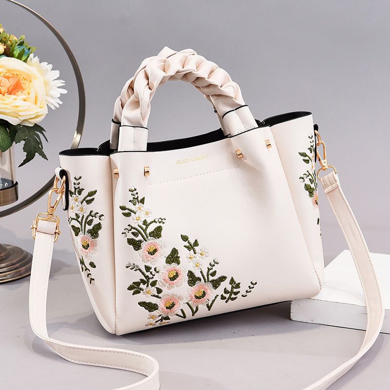 Women’s Medium PU Leather Handbag with Drawstring Closure, Color Stitch Detail, Crossbody Strap