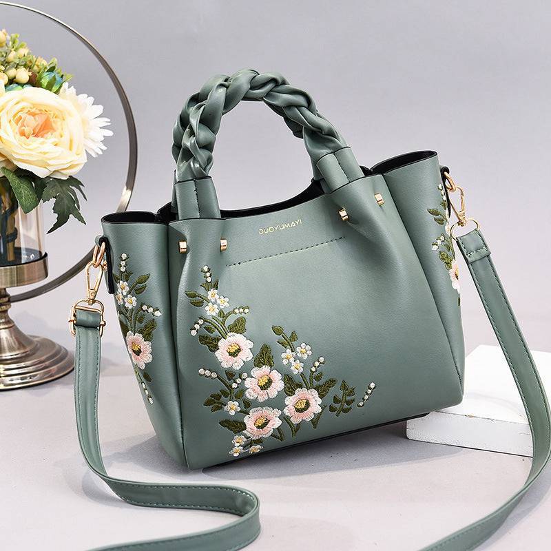 Women’s Medium PU Leather Handbag with Drawstring Closure, Color Stitch Detail, Crossbody Strap