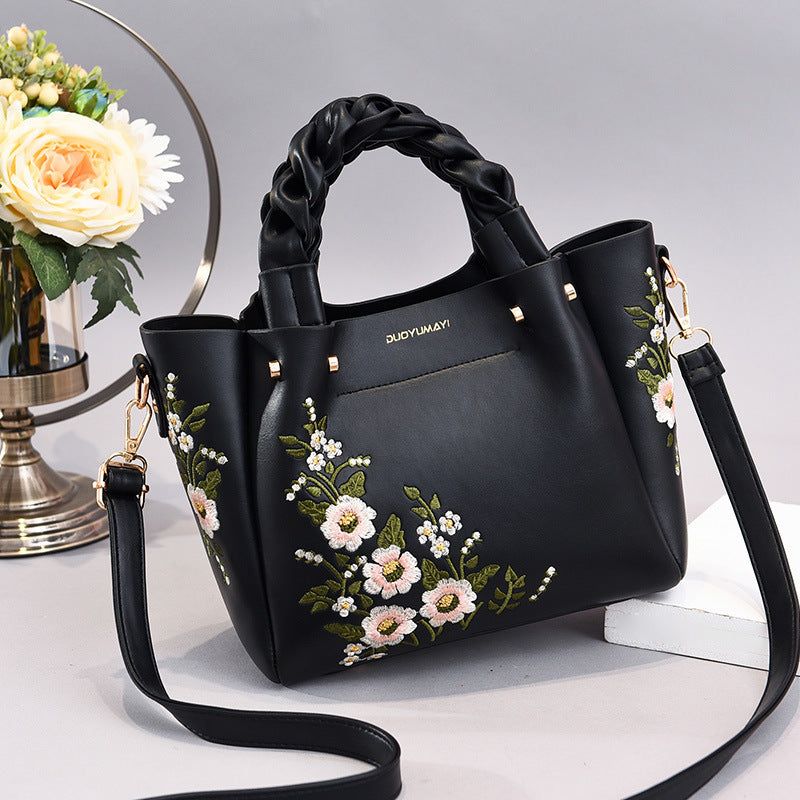 Women’s Medium PU Leather Handbag with Drawstring Closure, Color Stitch Detail, Crossbody Strap