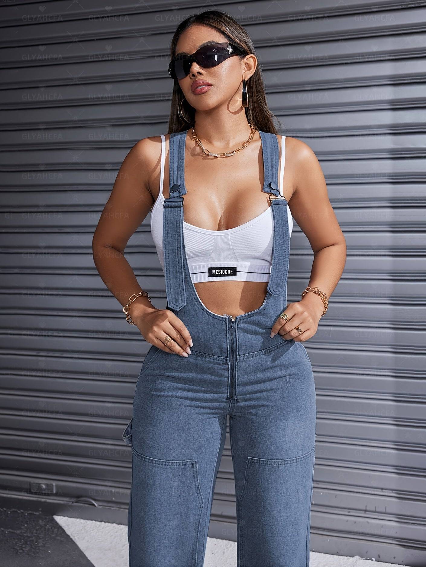 Women’s Denim Jumpsuit Adjustable Straps Loose Fit Wide-Leg Overalls for Summer & Autumn