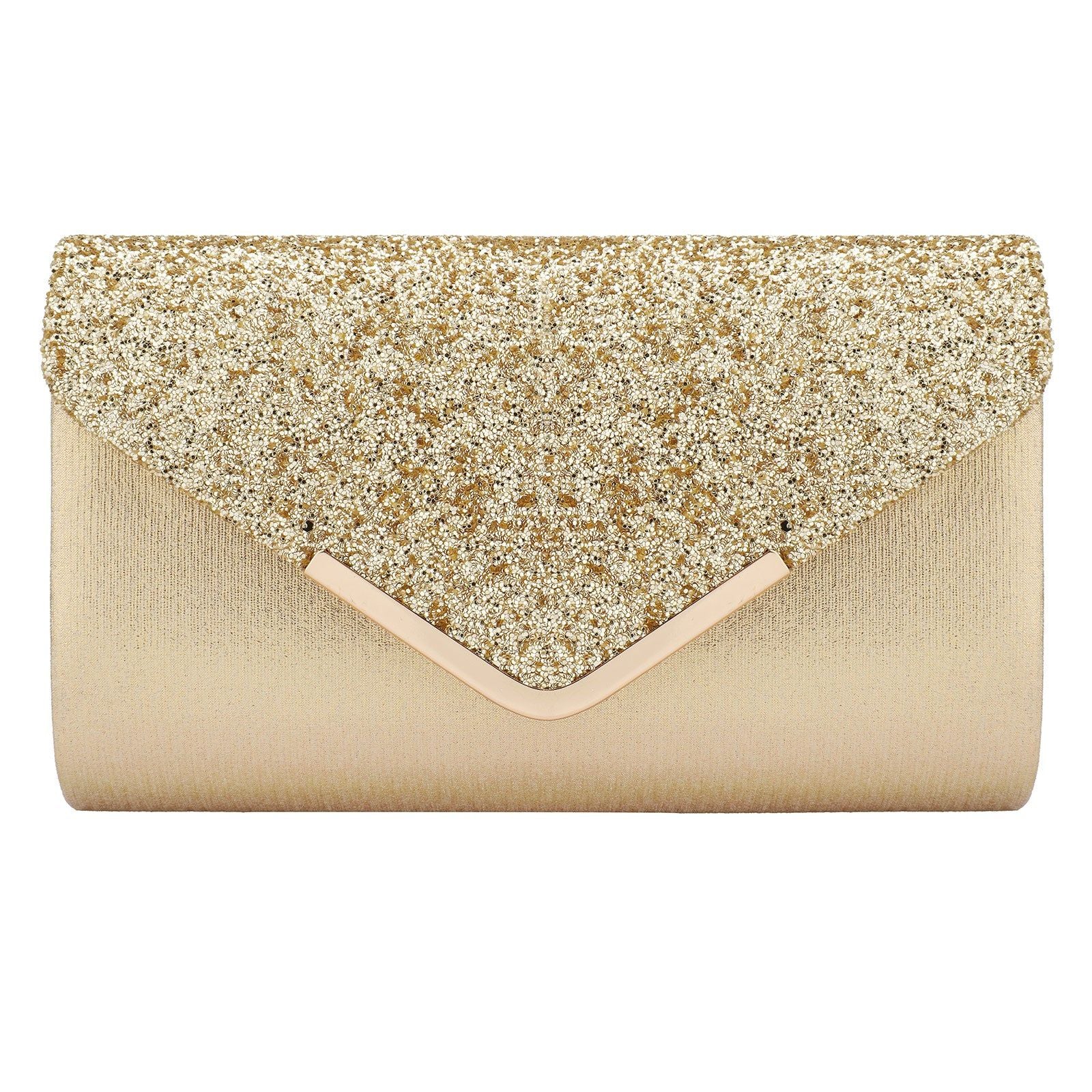 Gold Glitter Handbag Envelope Clutch With Chain Strap