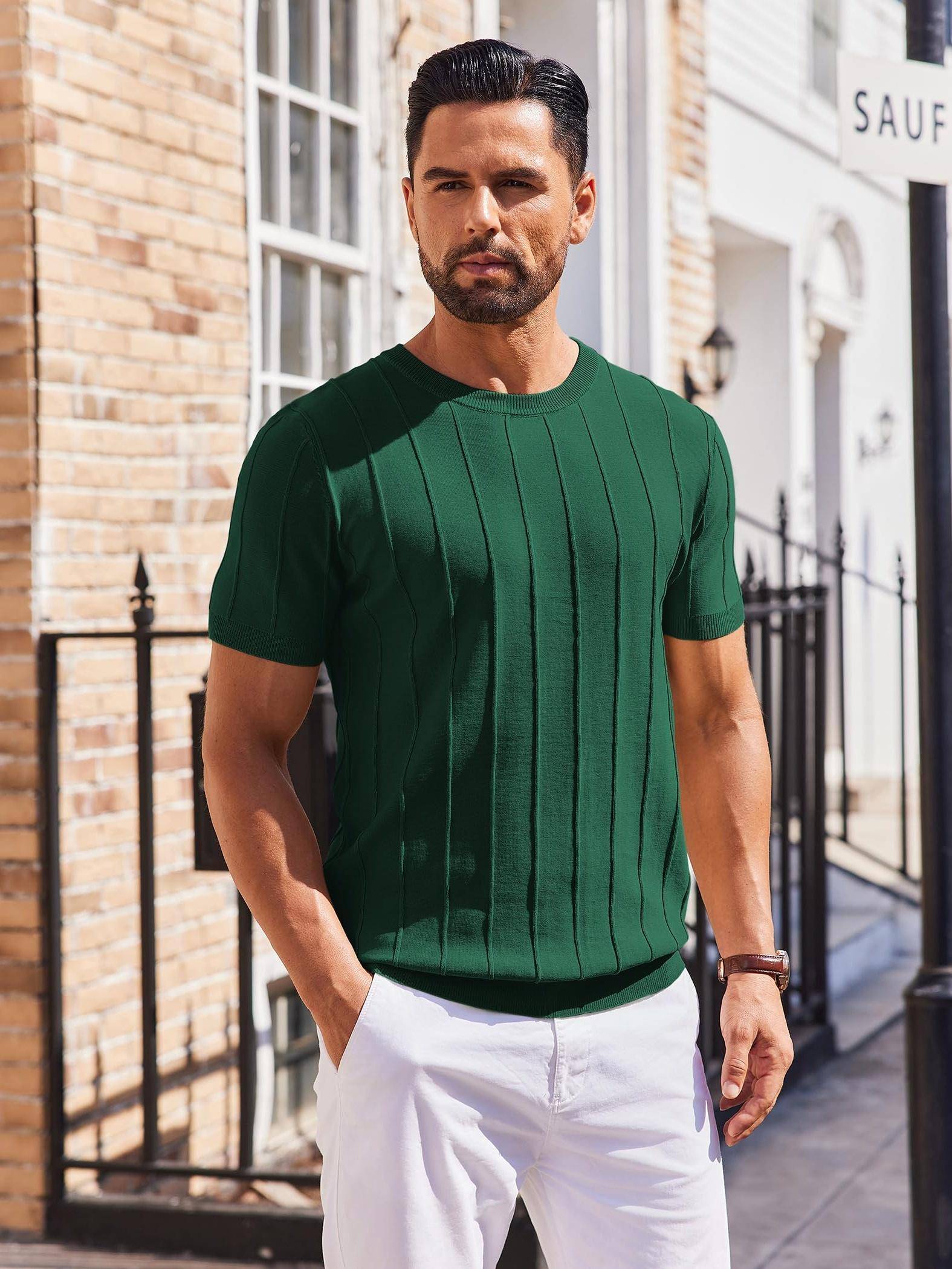 Men’s Casual Crew Neck T-Shirt 100% Viscose Knit Short Sleeve Ribbed Pullover Solid Color Medium Stretch Summer Top