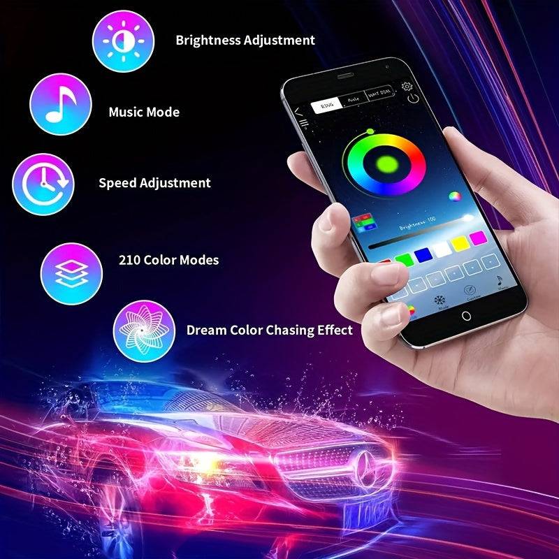 4-Piece RGB Car LED Light Strips Universal Interior Base Lights with APP, Music Mode & Remote Control Decorative Lighting for Travel, Camping & Holidays