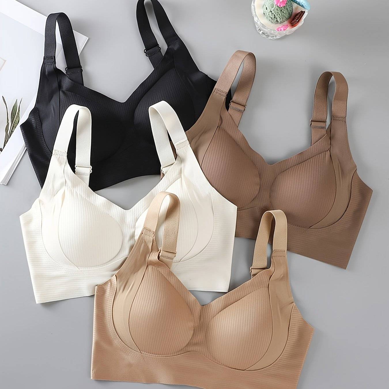 4-Pack Women’s Seamless Wire-Free Bras, Comfortable Breathable Design with Back Lift & Wide Adjustable Straps, High-Elastic Daily Bra Set