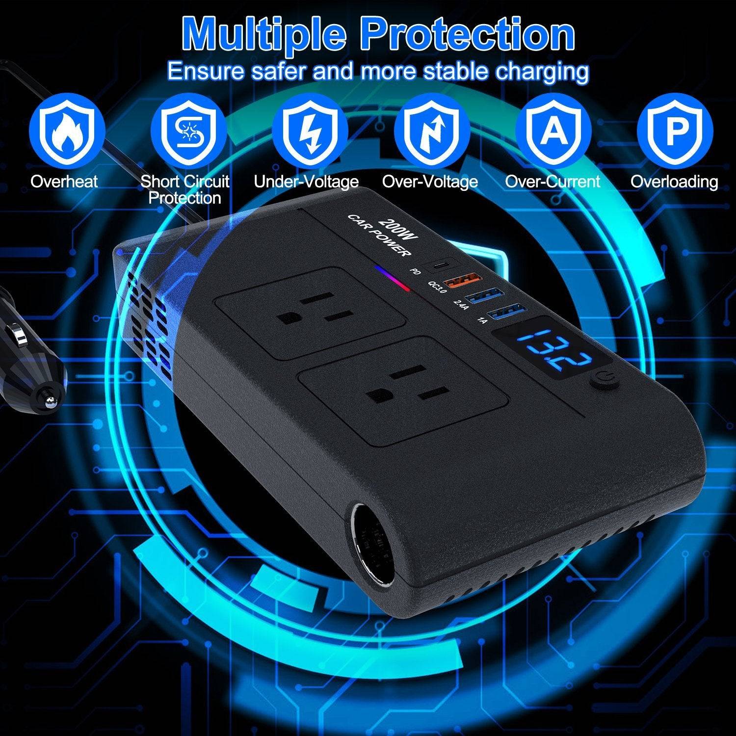 200W Car Inverter with AC Outlets and Fast Charging Ports