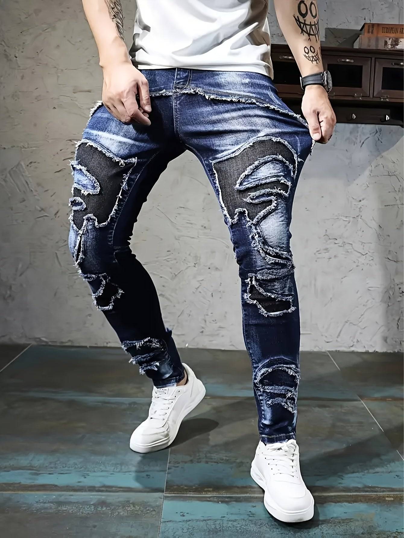 Men’s Slim Fit Jeans Blue Splicing Design Stretch Denim Versatile High Street Style for All-Season Wear