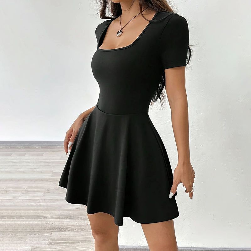 Square Neck Mini Dress with Built In Shorts and Ruffle Hem