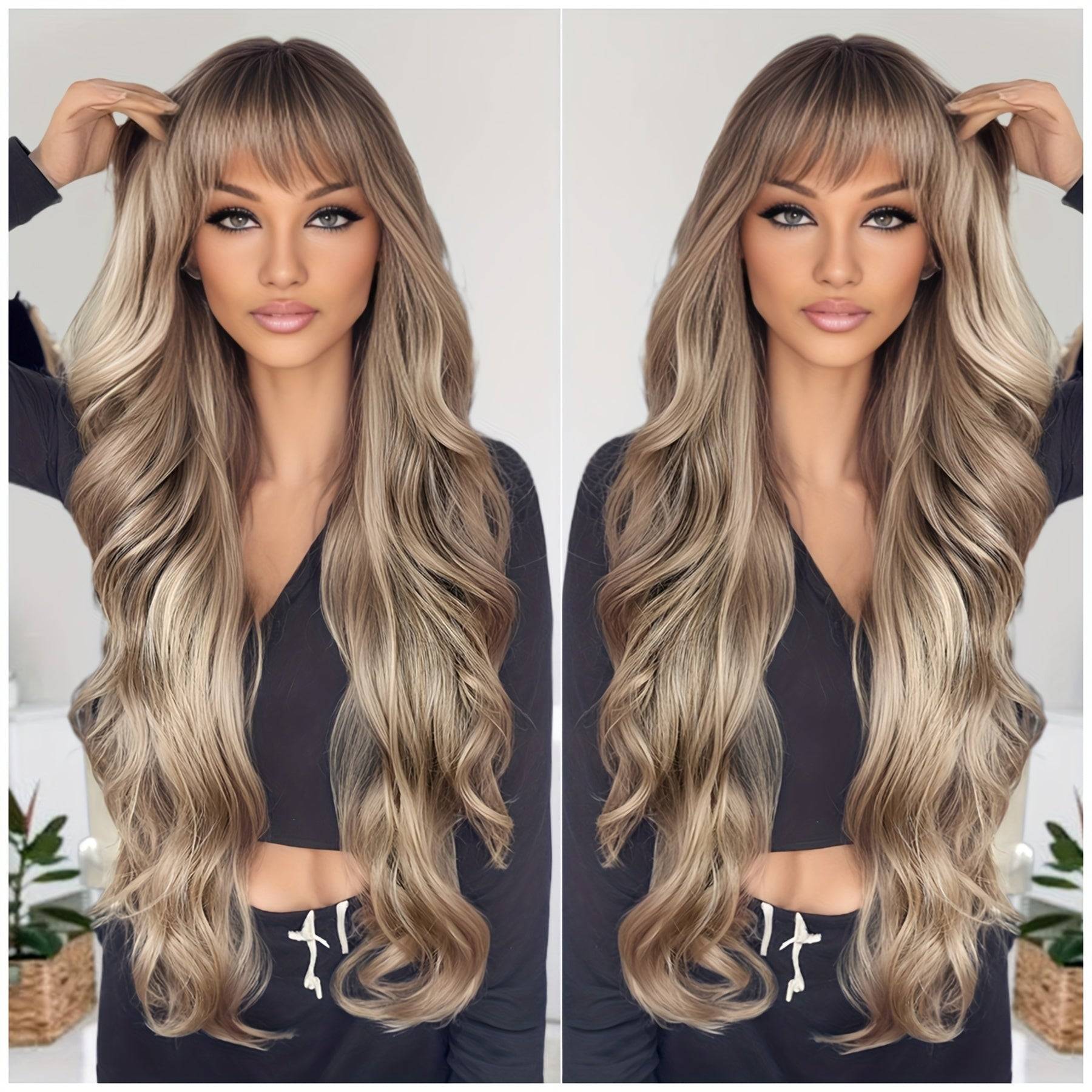 Synthetic Wig for Women Heat-Resistant Long Beach Waves with Blunt Bangs Voluminous Curly Hairpiece with Adjustable Cap for Weddings, Parties & Daily Wear