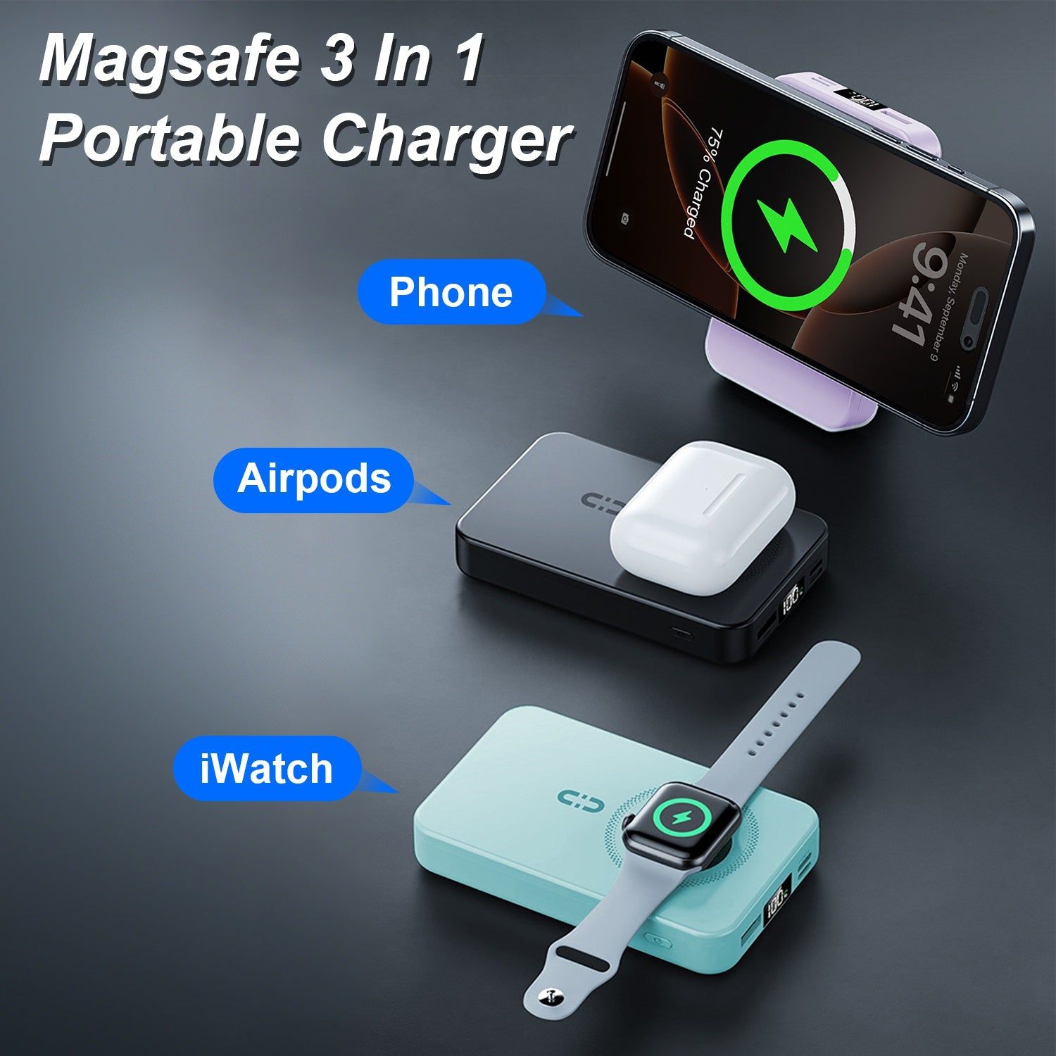 3 In 1 Magnetic Power Bank With Wireless Charging