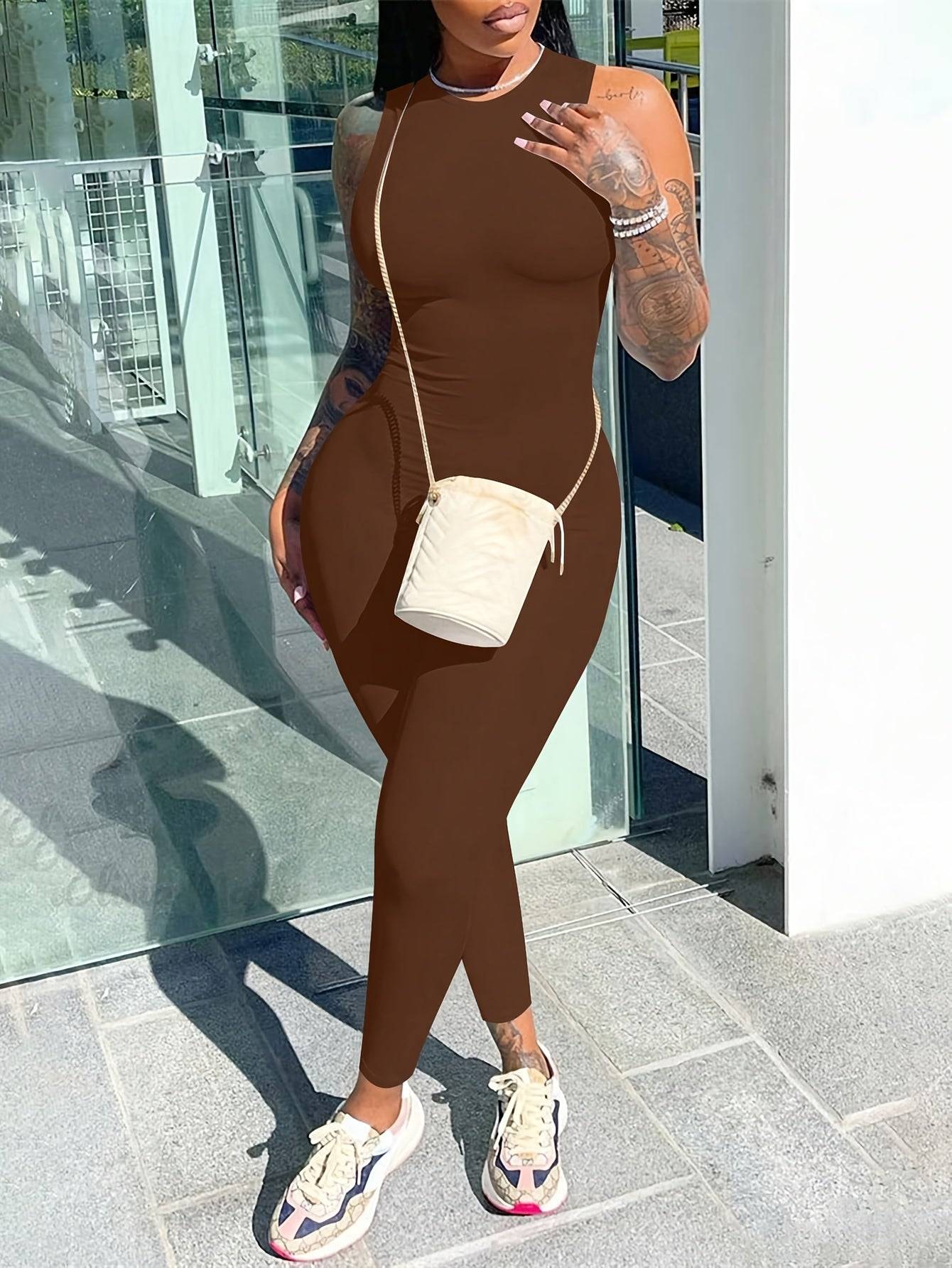 Women’s High-Waisted Sleeveless Jumpsuit – Stretchy Round Neck Solid Color Romper for All-Season Casual & Sporty Wear