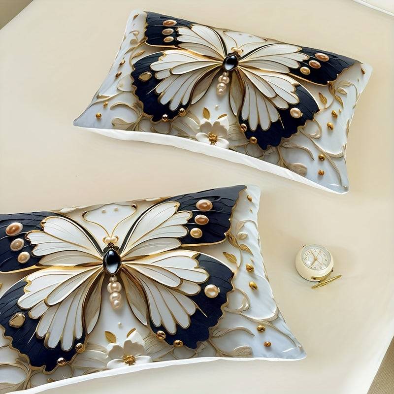 3-Piece Butterfly & Flower Quilt Set – Black & White Digital Print Comforter with Pillowcases