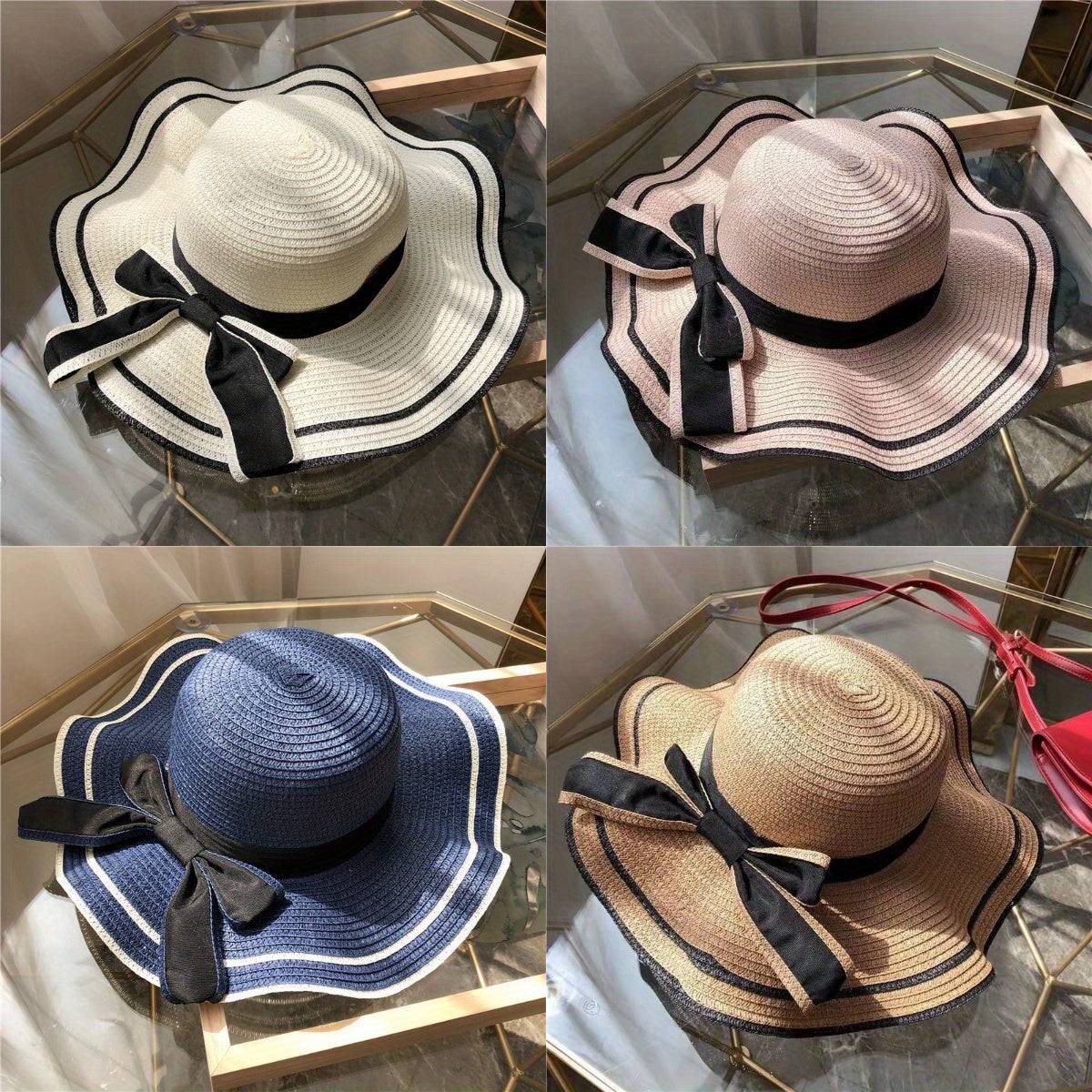 Women's summer beach sun hat with UV protection, wide brim straw-style hat with bow and flower, lightweight for travel