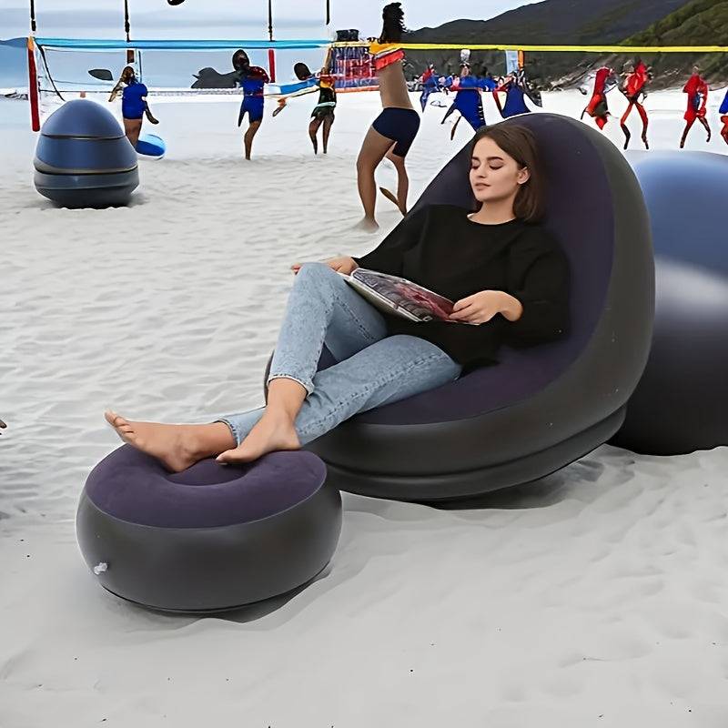 Portable Inflatable Lounge Chair with Footrest – Foldable Outdoor Recliner for Camping, Mummy Shape Design, Includes Repair Kit