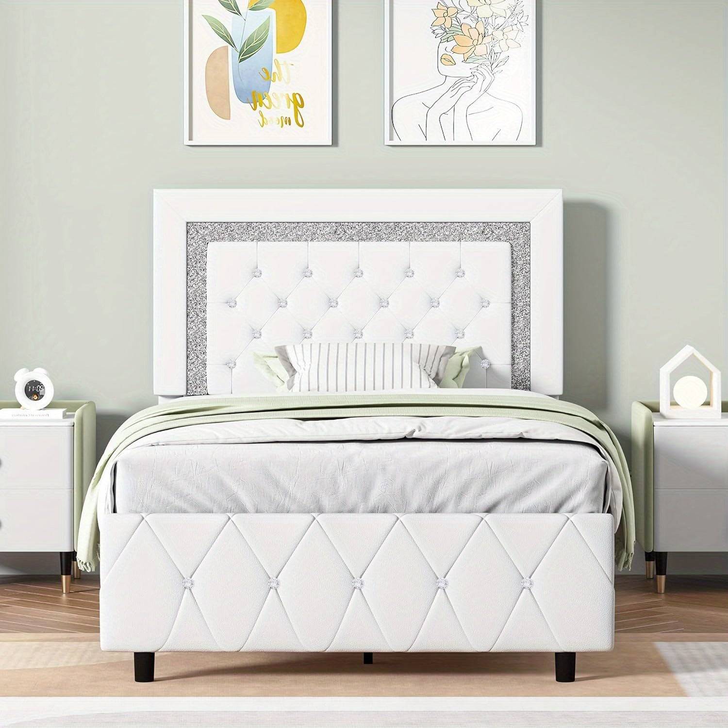 Upholstered Platform Bed Frame with Button Tufted Diamond Headboard, Padded Design, Wooden Slat Support, Easy Assembly