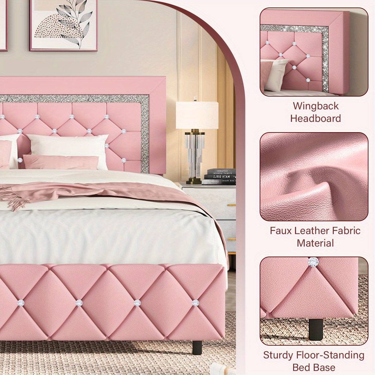 Upholstered Platform Bed Frame with Button Tufted Diamond Headboard, Padded Design, Wooden Slat Support, Easy Assembly