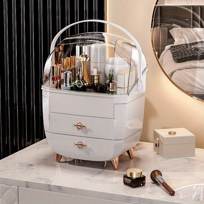 Elegant plastic cosmetic storage box with transparent lid and gold accents, perfect for organizing skincare and makeup on vanity tables.