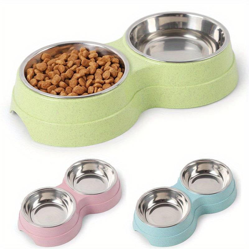 Stainless steel double pet bowls for dogs and cats with non-skid base, ideal for food and water, easy to clean