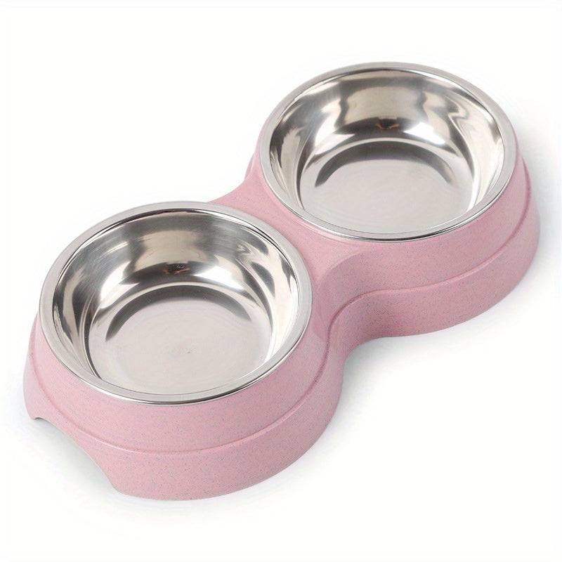 Stainless steel double pet bowls for dogs and cats with non-skid base, ideal for food and water, easy to clean
