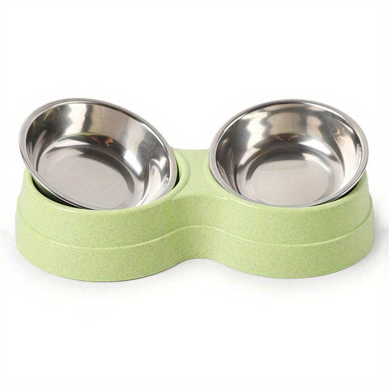 Stainless steel double pet bowls for dogs and cats with non-skid base, ideal for food and water, easy to clean