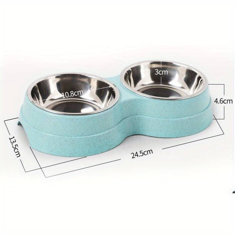 Stainless steel double pet bowls for dogs and cats with non-skid base, ideal for food and water, easy to clean