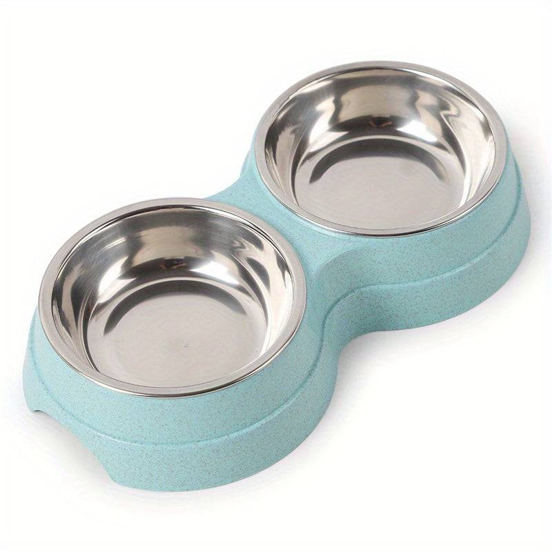 Stainless steel double pet bowls for dogs and cats with non-skid base, ideal for food and water, easy to clean