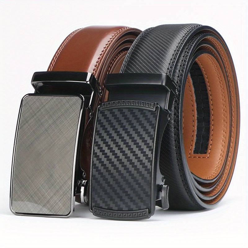 2pcs Men’s Genuine Leather Ratchet Belts – Adjustable Automatic Buckle with Durable Alloy, High-Quality Belts for Casual & Business Wear