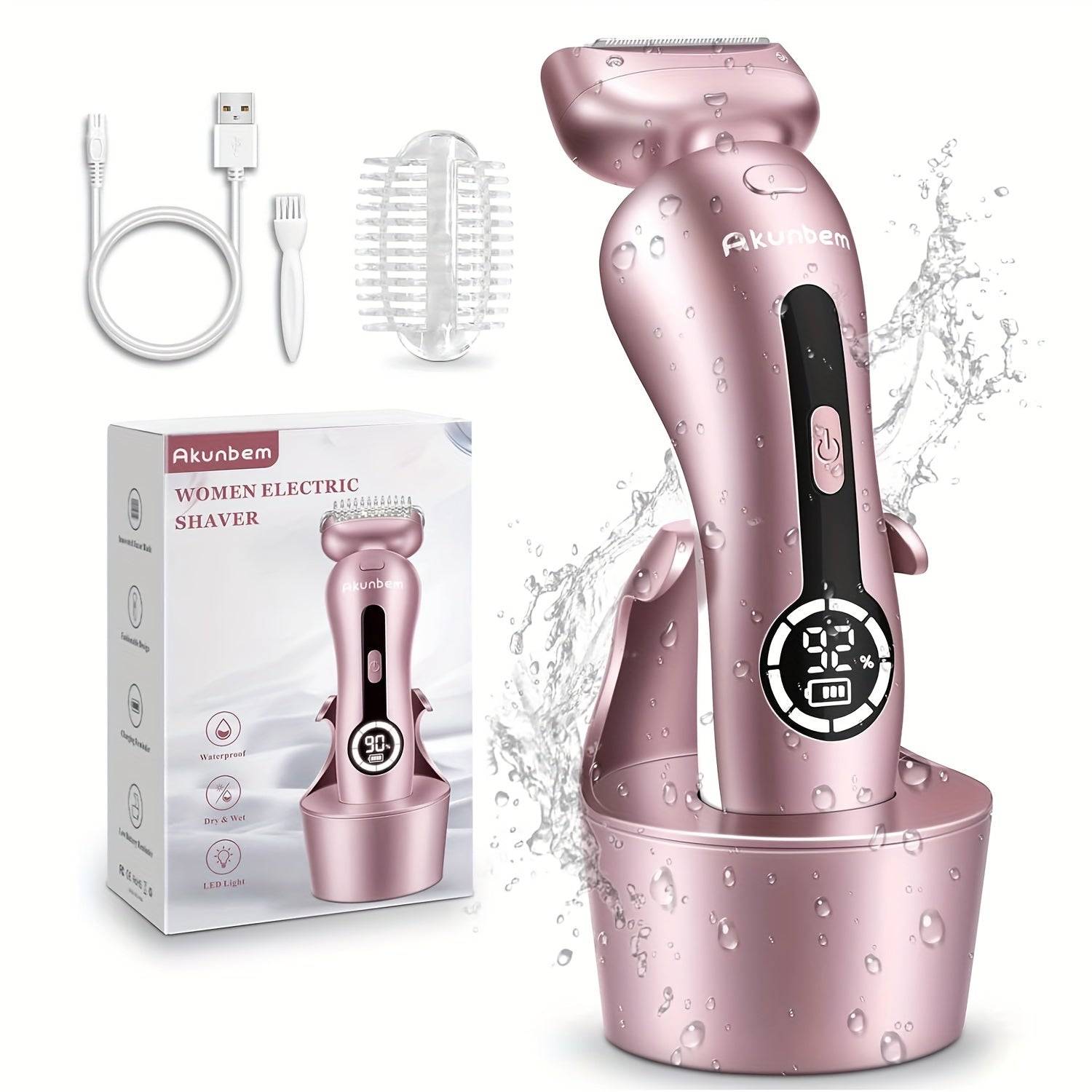 Pink rechargeable electric women’s shaver with waterproof trimmer and LED display. Comes with grooming accessories for full-body use.