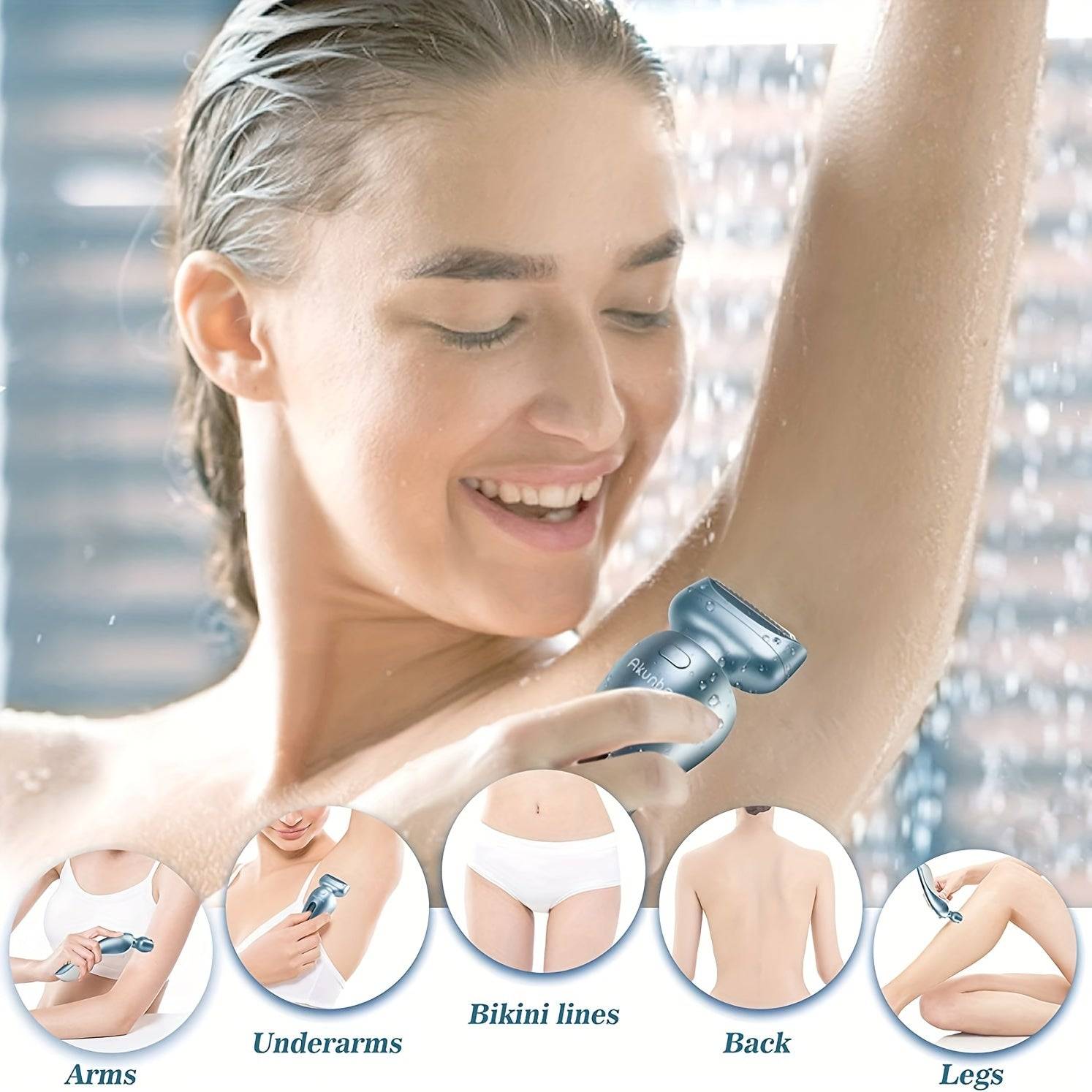 Rechargeable electric women’s shaver used in shower for painless underarm hair removal. Ideal for legs, bikini, arms, and back grooming.
