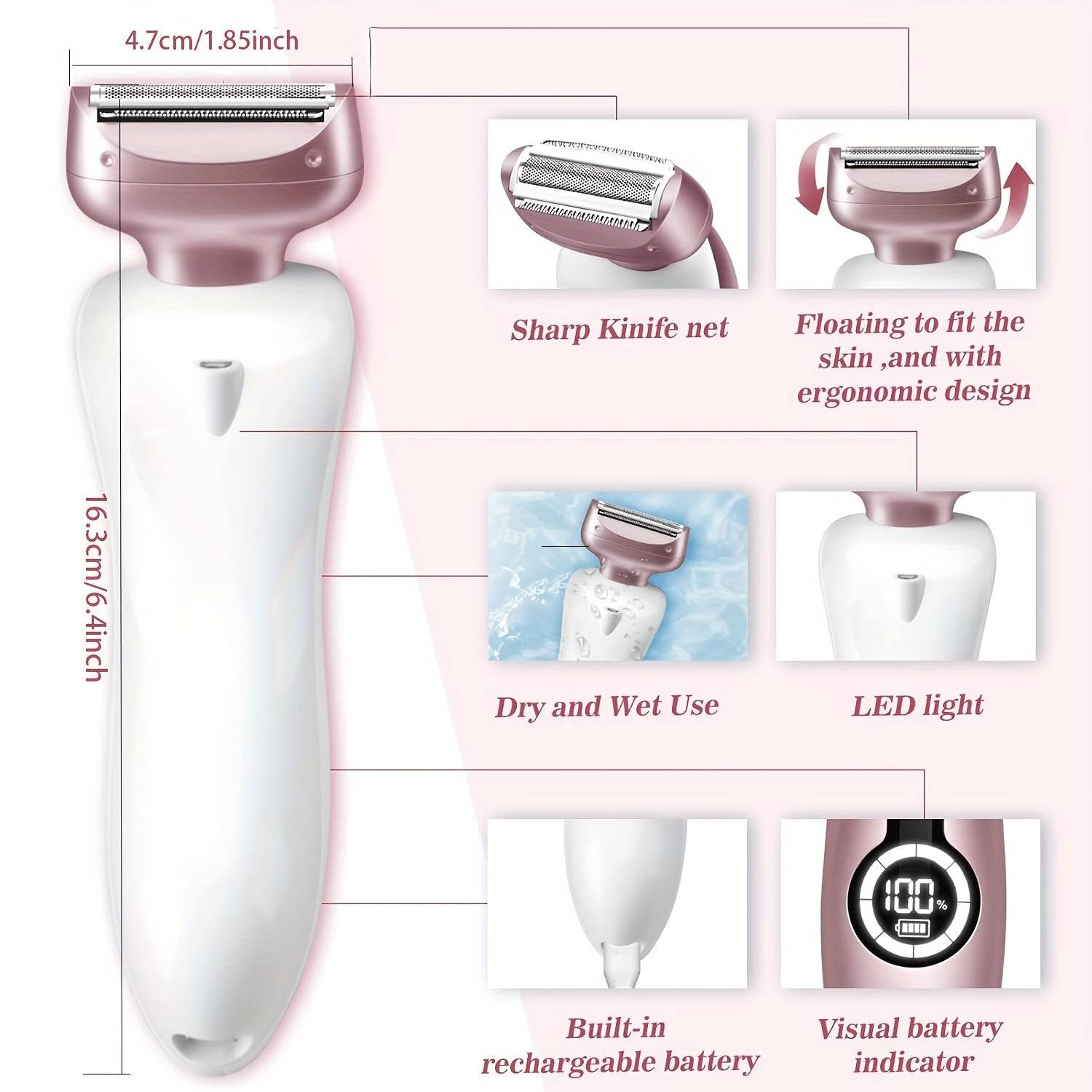 Close-up of women’s electric shaver features including sharp knife net, LED light, and ergonomic waterproof design for wet and dry use.