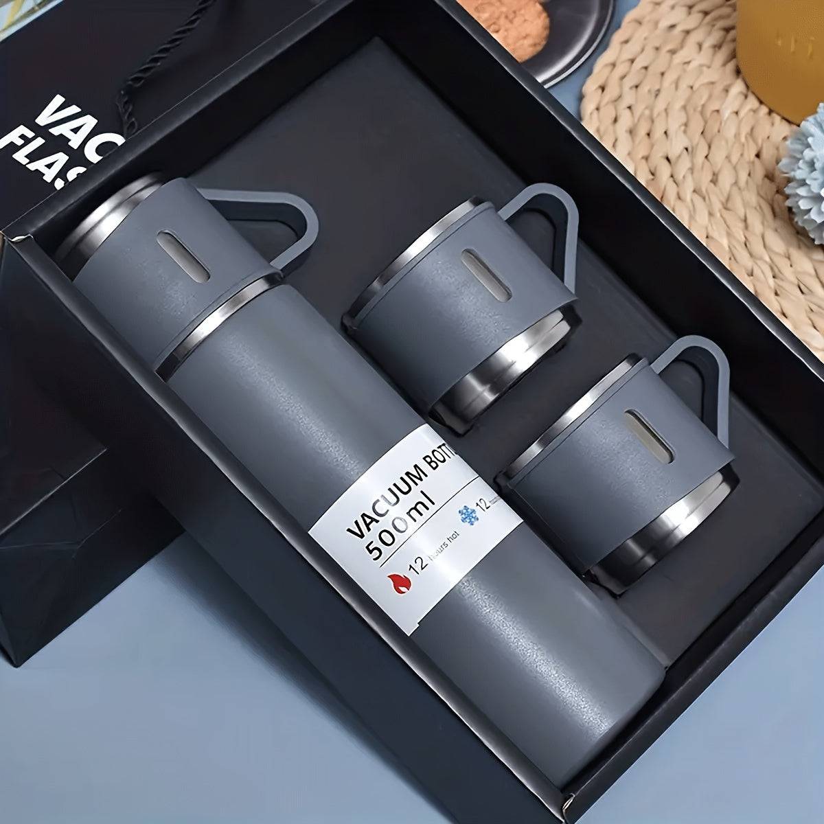 Gray insulated stainless steel bottle set with 500ml flask and 3 cups in a gift box, ideal for home, kitchen, or office use.
