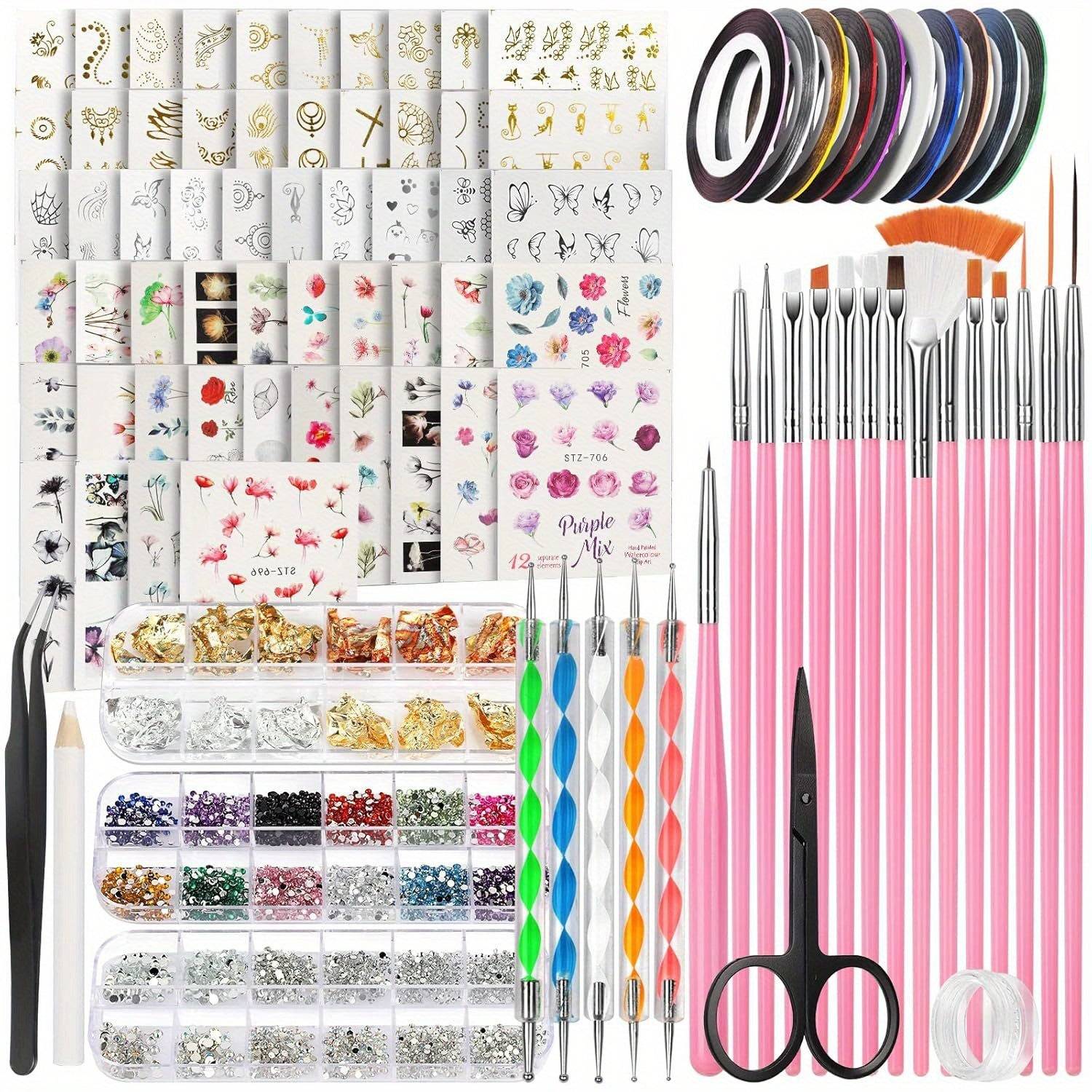Nail Art Decoration & Brush Set – 54 Water Transfer Stickers, Dotting Tools, Foils, Tapes, Rhinestones, Brushes & Tweezers Included
