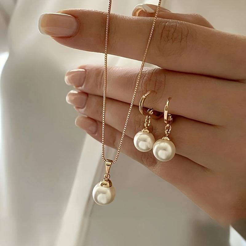 Vintage Jewelry Set for Women, 3-Piece Golden Pendant Necklace and Earrings with Imitation Pearl, Elegant Fashion Gift for Daily Wear and Parties