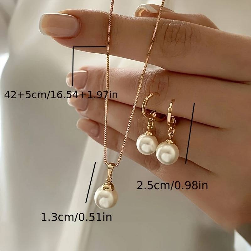 Vintage Jewelry Set for Women, 3-Piece Golden Pendant Necklace and Earrings with Imitation Pearl, Elegant Fashion Gift for Daily Wear and Parties