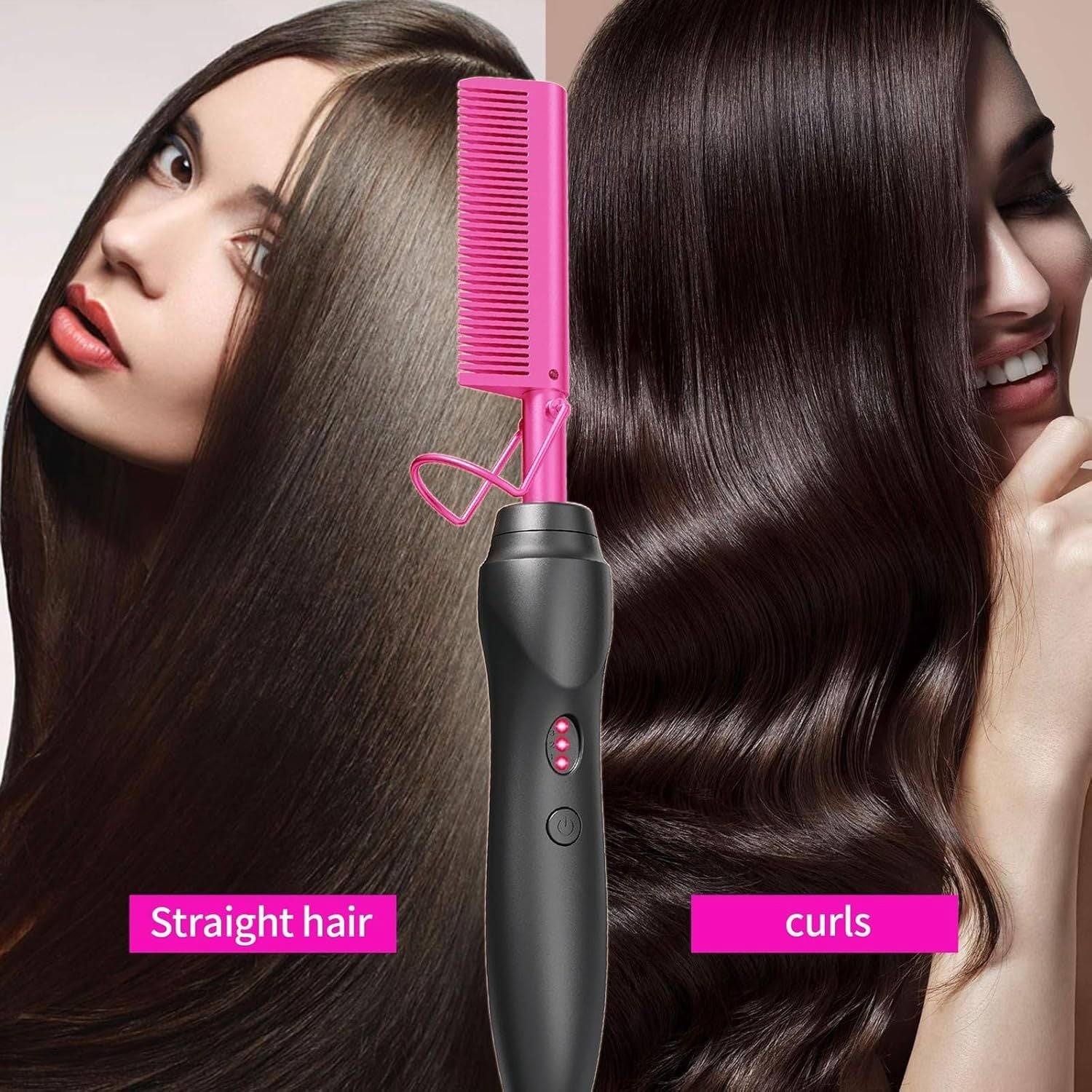 Pink Ceramic Hot Comb Straightener & Curler demonstrating dual styling results with straight and curled hair on a brunette model.