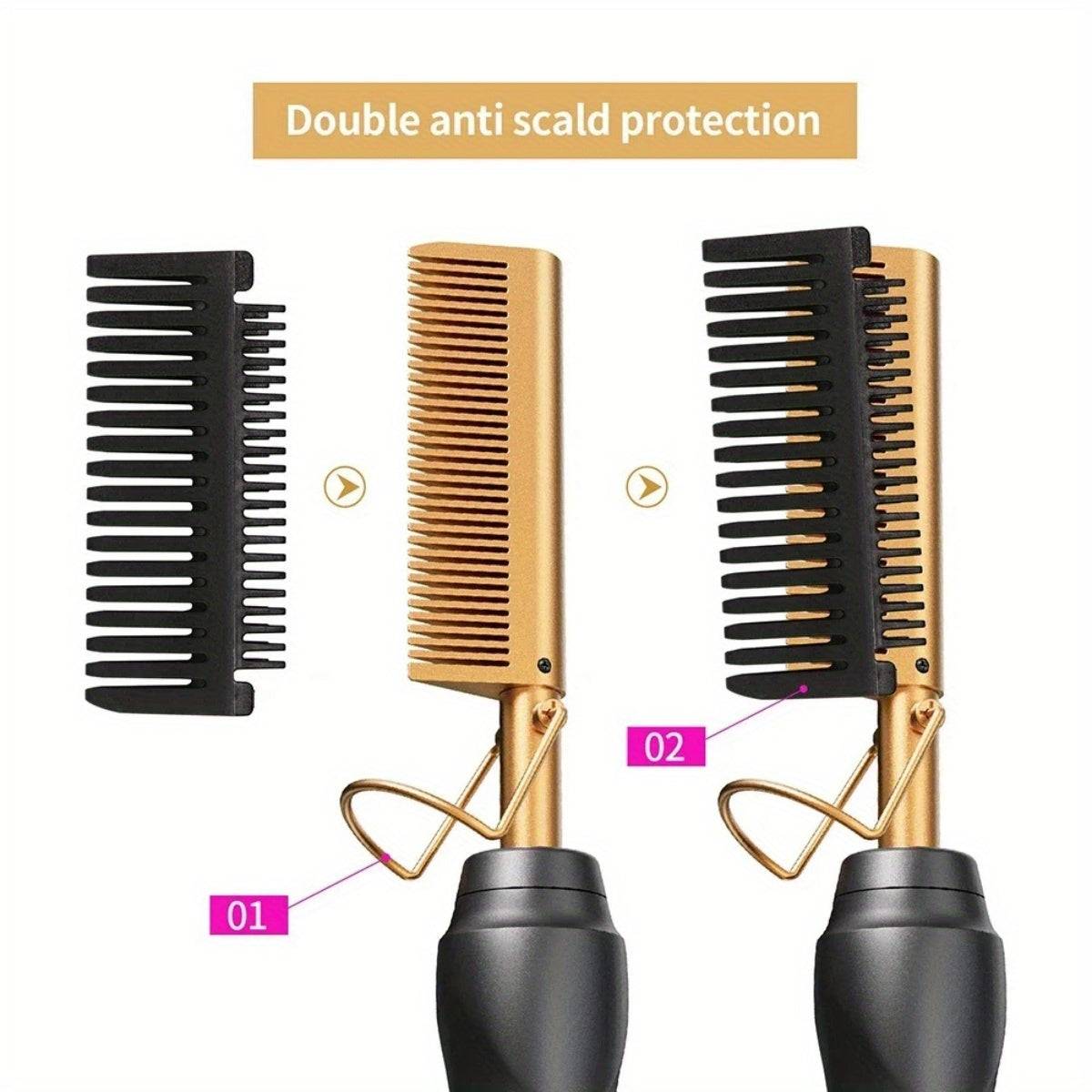 Gold Ceramic Hot Comb Straightener & Curler featuring double anti-scald protection for safe and effective hair straightening and curling.