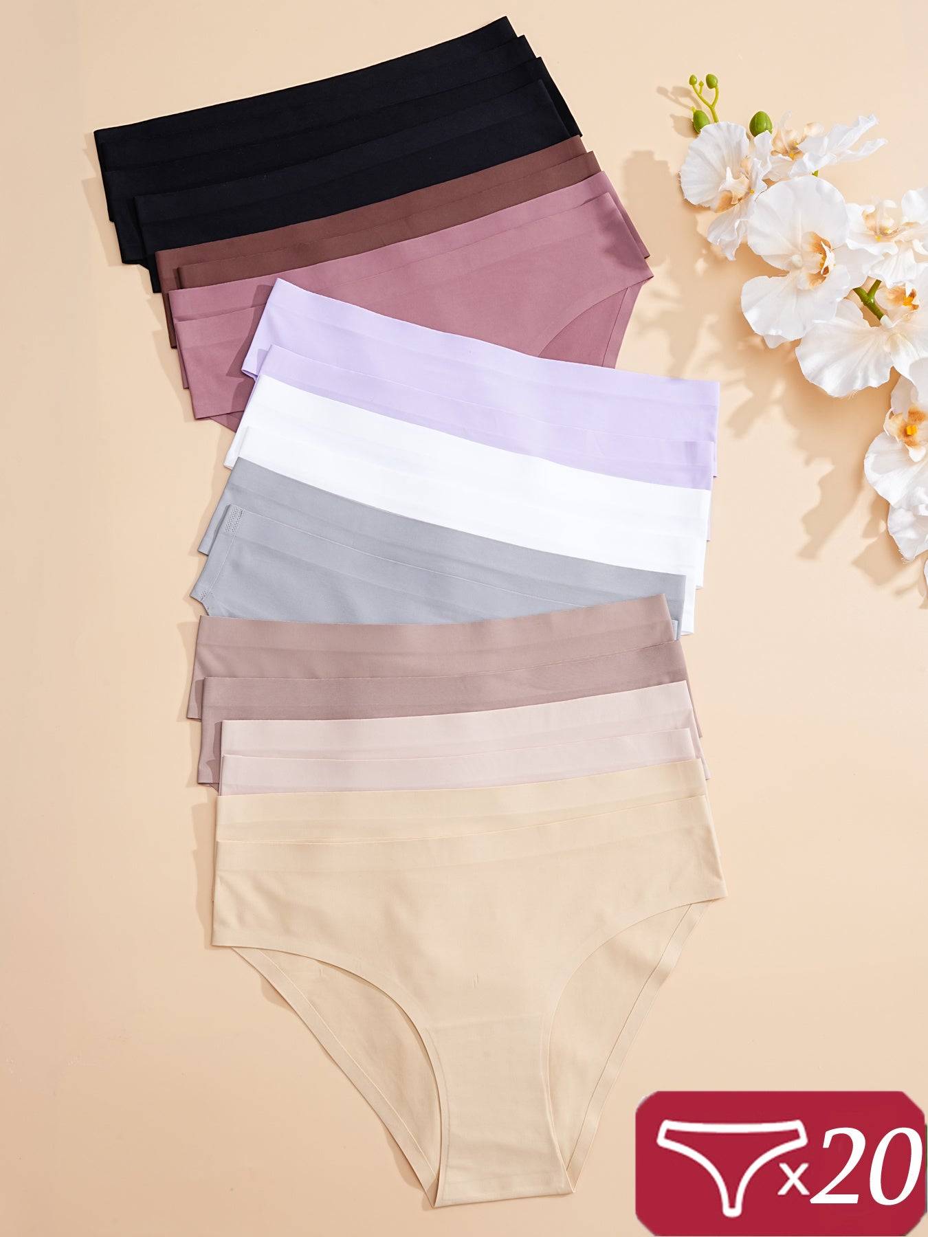 20pcs Women’s Seamless Low Waist Panties, Solid Color Soft Brief Underwear, Comfortable Everyday Lingerie