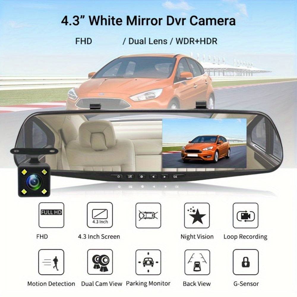 4.3" HD Rearview Mirror Dash Cam 1080P Front & Rear Cameras with Wide-Angle Night Vision Full Touch Screen, 32GB Card & Easy Installation for All Vehicles