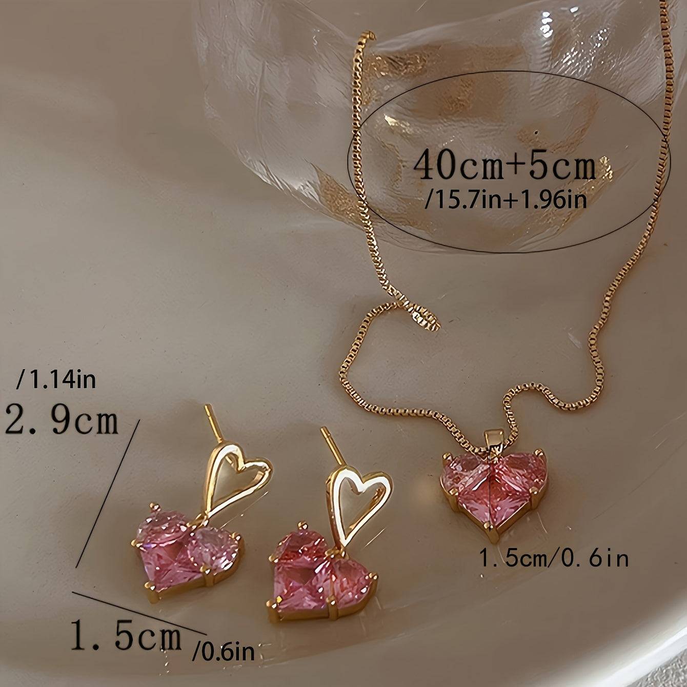 Women's 3-Piece Pink Heart Jewelry Set, Y2K-Inspired Earrings and Necklace with Sparkling Bling Design, Perfect for Parties and Daily Wear