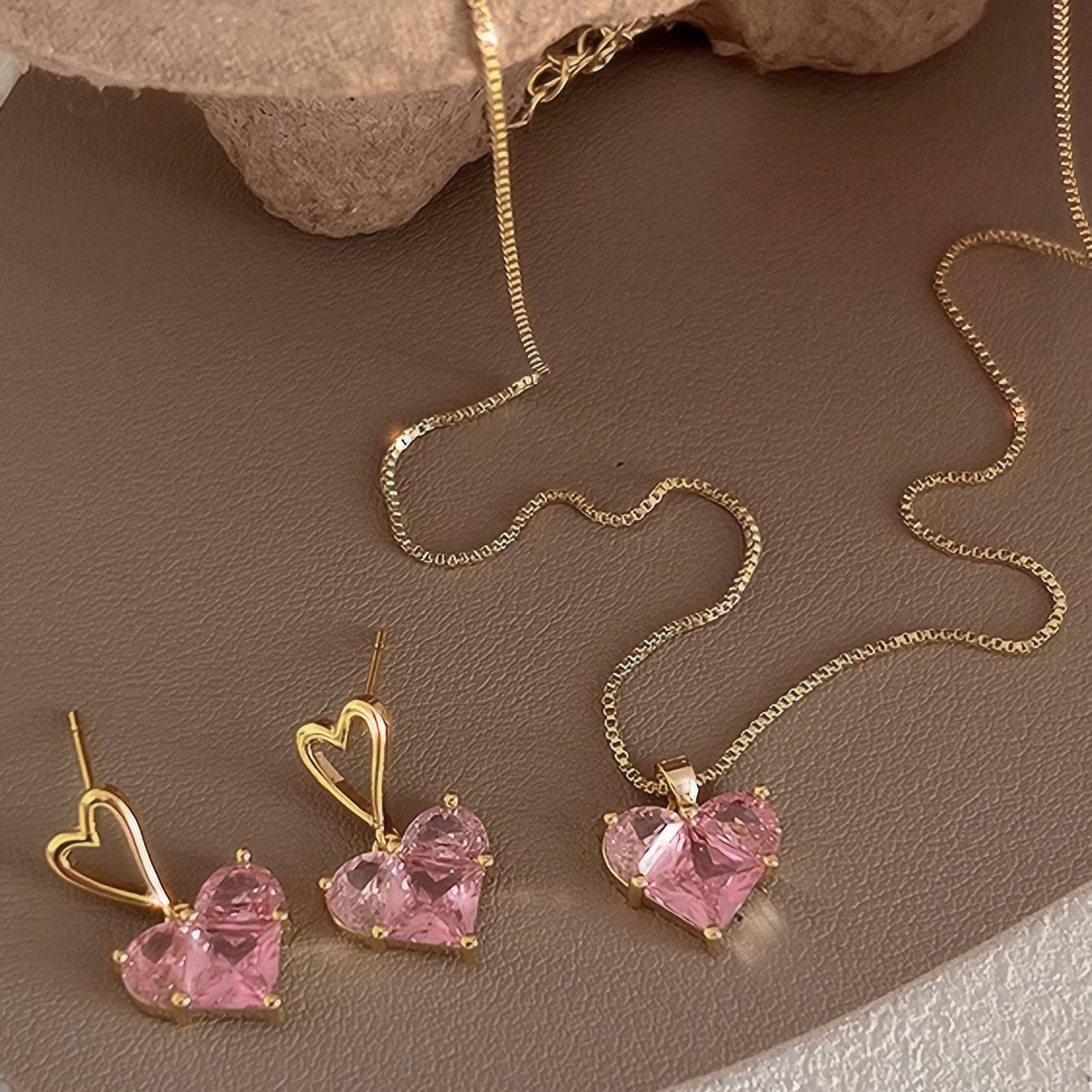 Women's 3-Piece Pink Heart Jewelry Set, Y2K-Inspired Earrings and Necklace with Sparkling Bling Design, Perfect for Parties and Daily Wear