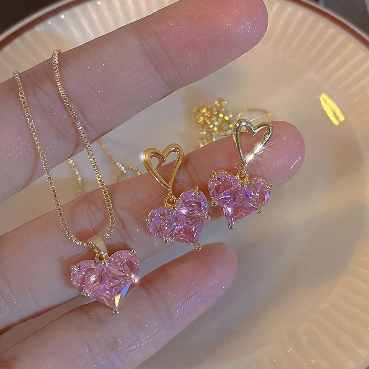 Women's 3-Piece Pink Heart Jewelry Set, Y2K-Inspired Earrings and Necklace with Sparkling Bling Design, Perfect for Parties and Daily Wear
