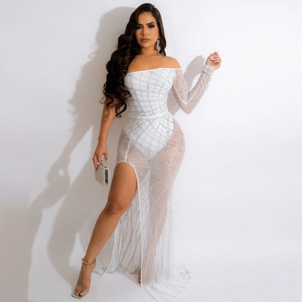 European Style Sexy Off-the-shoulder See-through Hot Drilling High Slit Dress - PMMNAPOLES