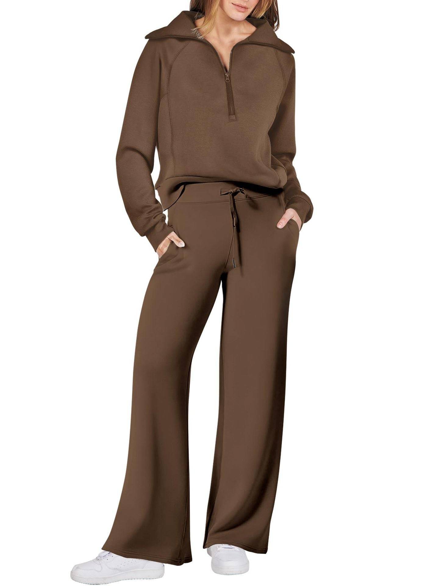 Two Piece Set Zip Sweatshirt Wide Leg Pants Suit