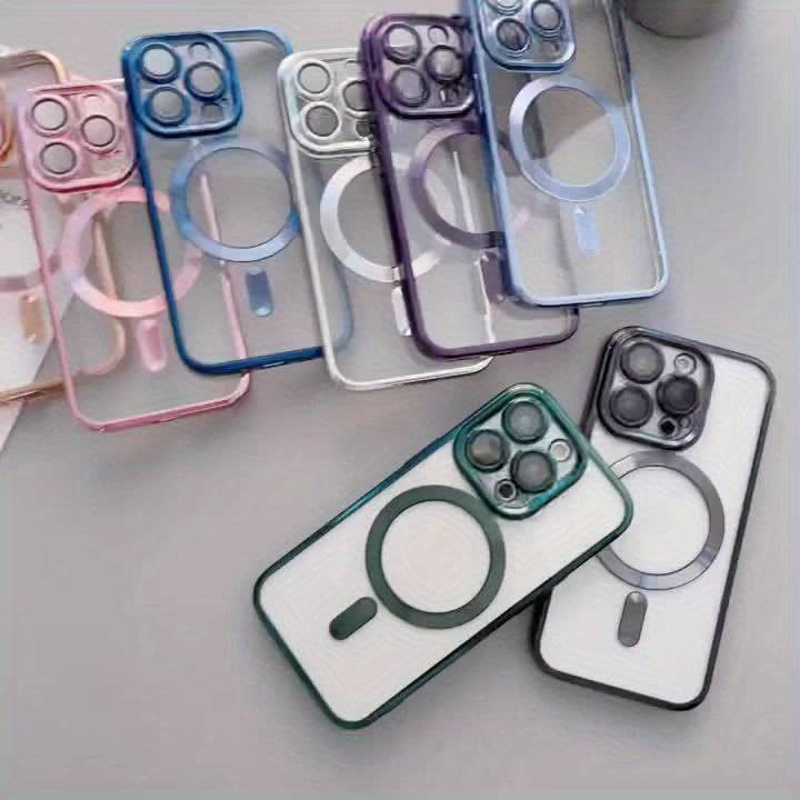 Magnetic iPhone Case with Electroplated Finish – Clear TPU Shockproof Cover with Wireless Charging & Lens Film Protector for iPhone Models
